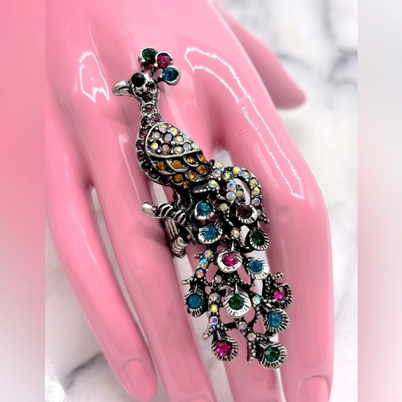 Peacock Bird‎ Large Finger Stretch Ring Jewelry with Crystals - Picture 1 of 5
